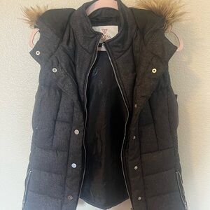 Guess Dark Grey Puffer Jacket with Fur Trim